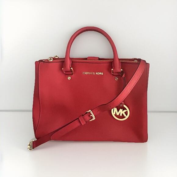 Michael Kors Sutton Red Satchel Saffiano Leather Structured Crossbody Bag MK 328 - Picture 13 of 16